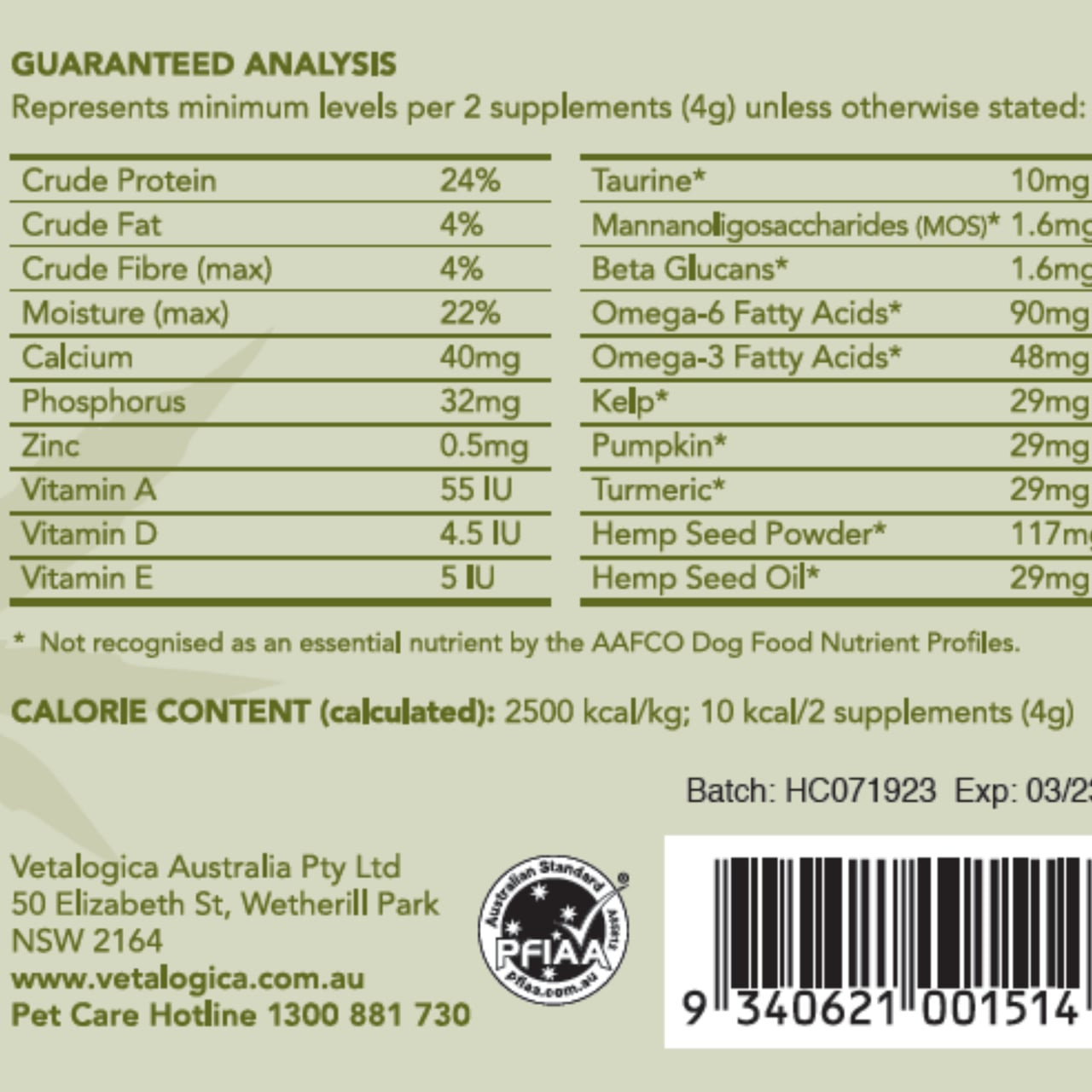 Hemp Clinicals 5-IN-1 Multivitamin Plus for Dogs, 300g, with guaranteed protein and vitamin analysis.