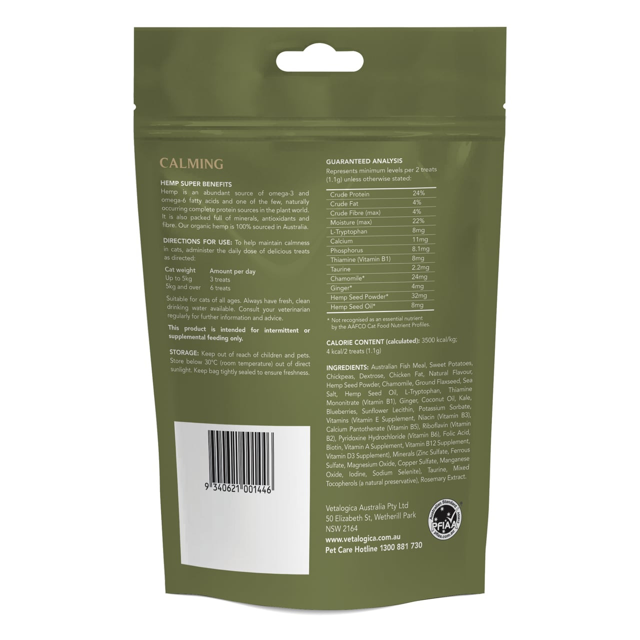 Hemp Clinicals Calming Treats for Cats 100g, green packaging with calming benefits details.