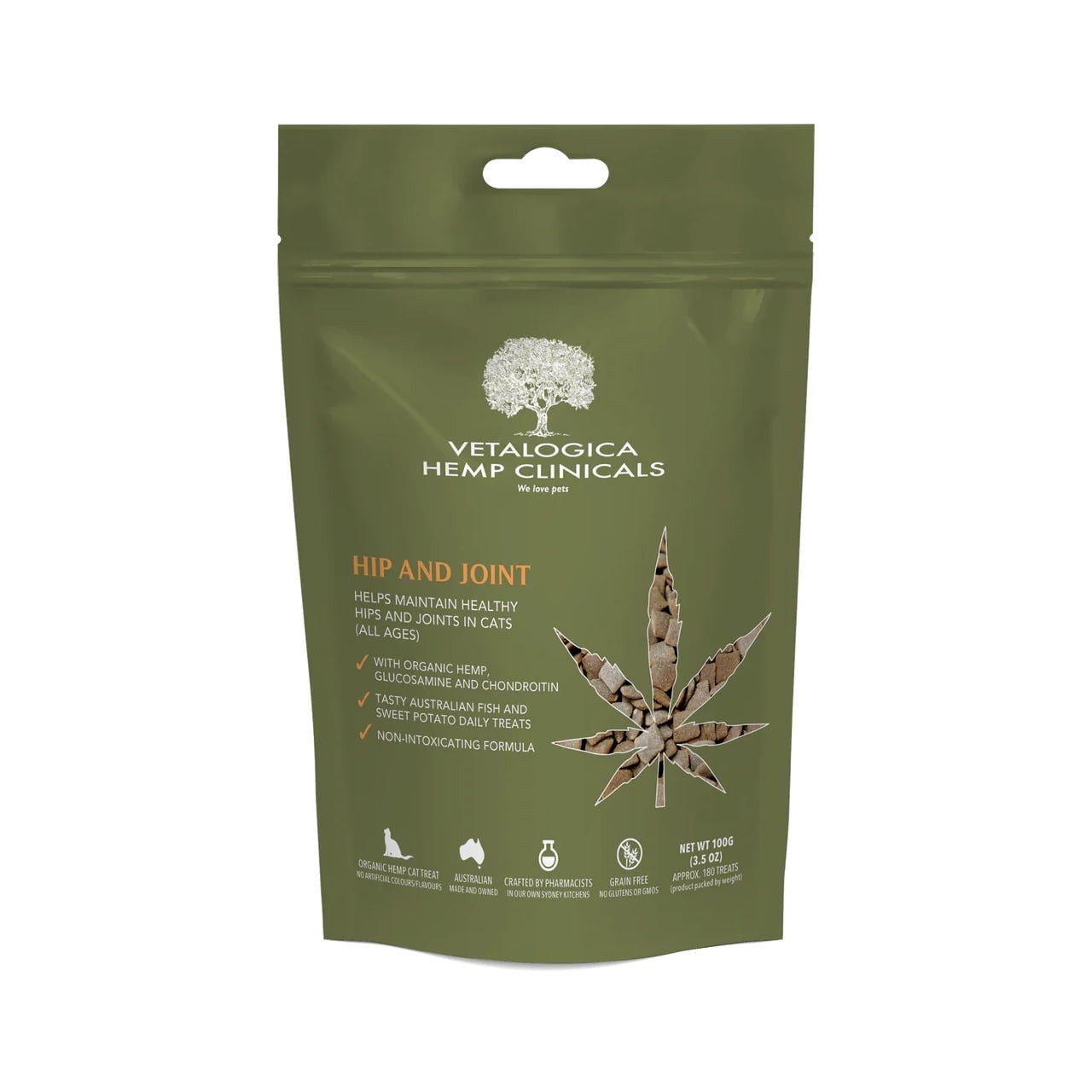 Hemp Clinicals Hip & Joint Treats for Cats 100g, green packaging, supports cat joint health.