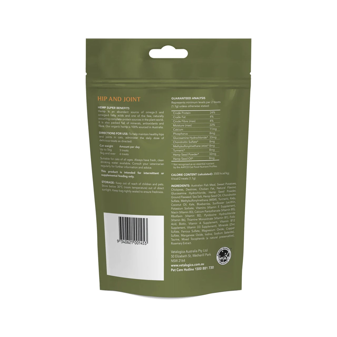 Hemp Clinicals Hip & Joint Treats for Cats in a green resealable pouch, 100g.