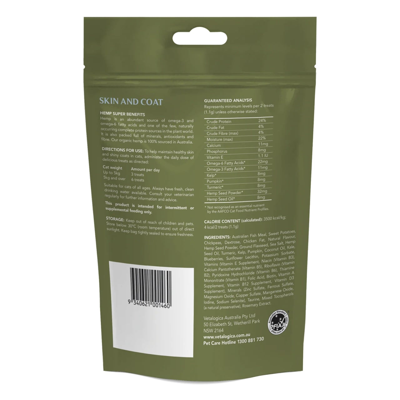 Hemp Clinicals Skin & Coat Treats for Cats, 100g pouch, green packaging with ingredients list.