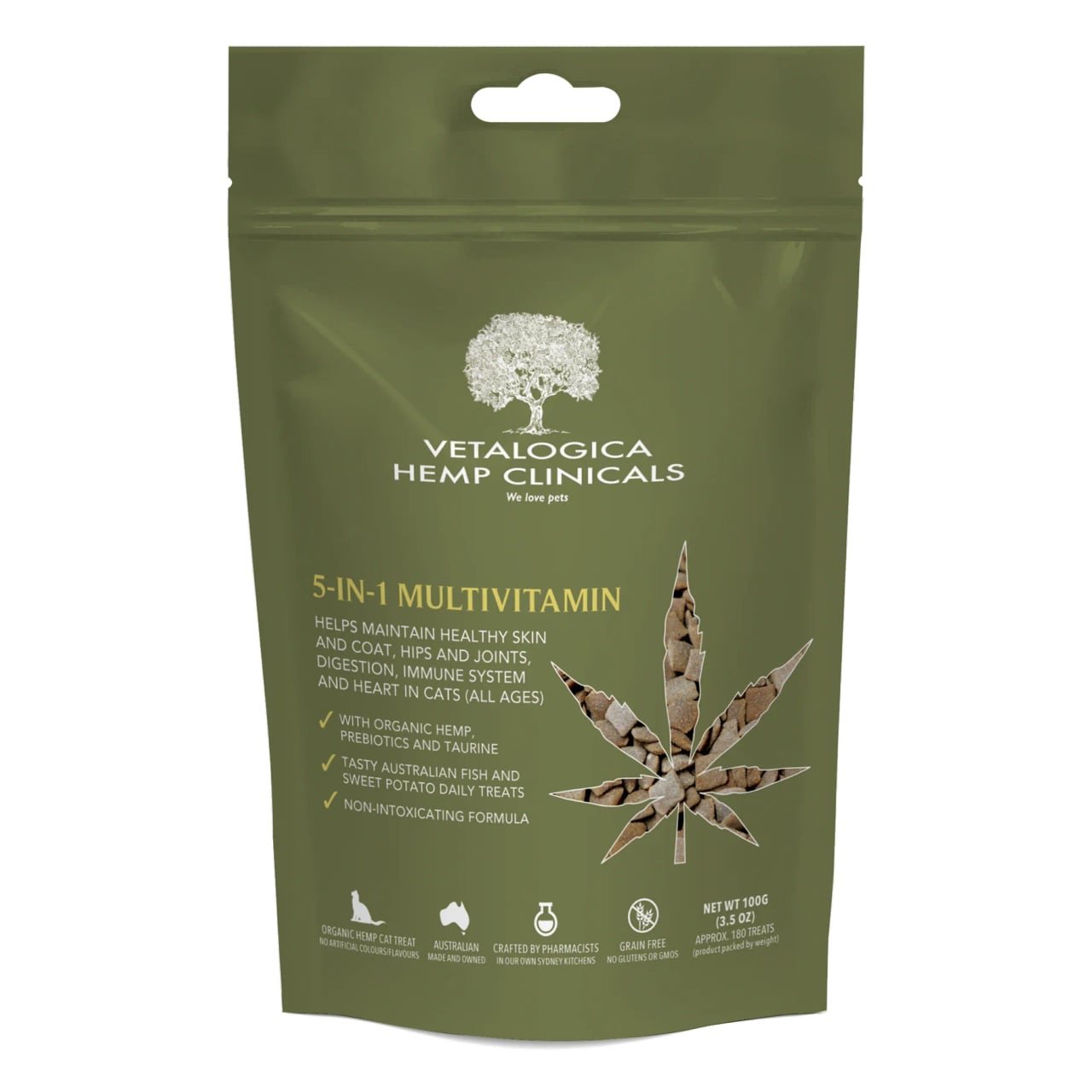 Hemp Clinicals 5-IN-1 Multivitamin Treats for Cats, 100g, promoting cat health and nutrition.