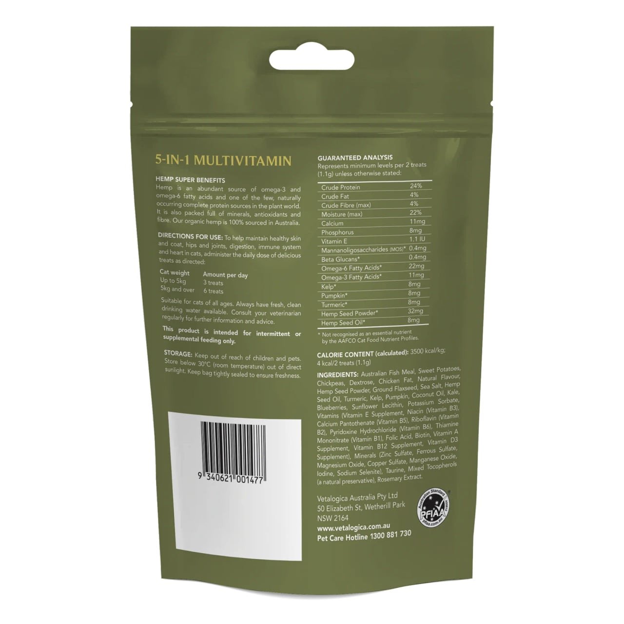 5-IN-1 Multivitamin Treats for Cats in a green resealable bag, 100g size.