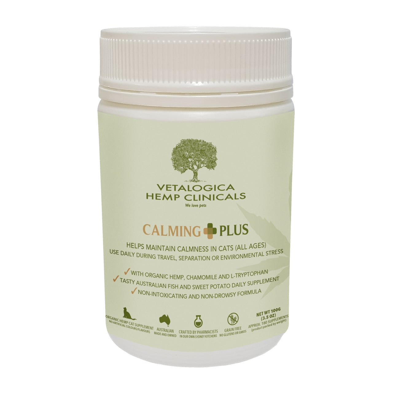 Hemp Clinicals Calming Plus Supplements for Cats, 100g, featuring calming ingredients for pet health.