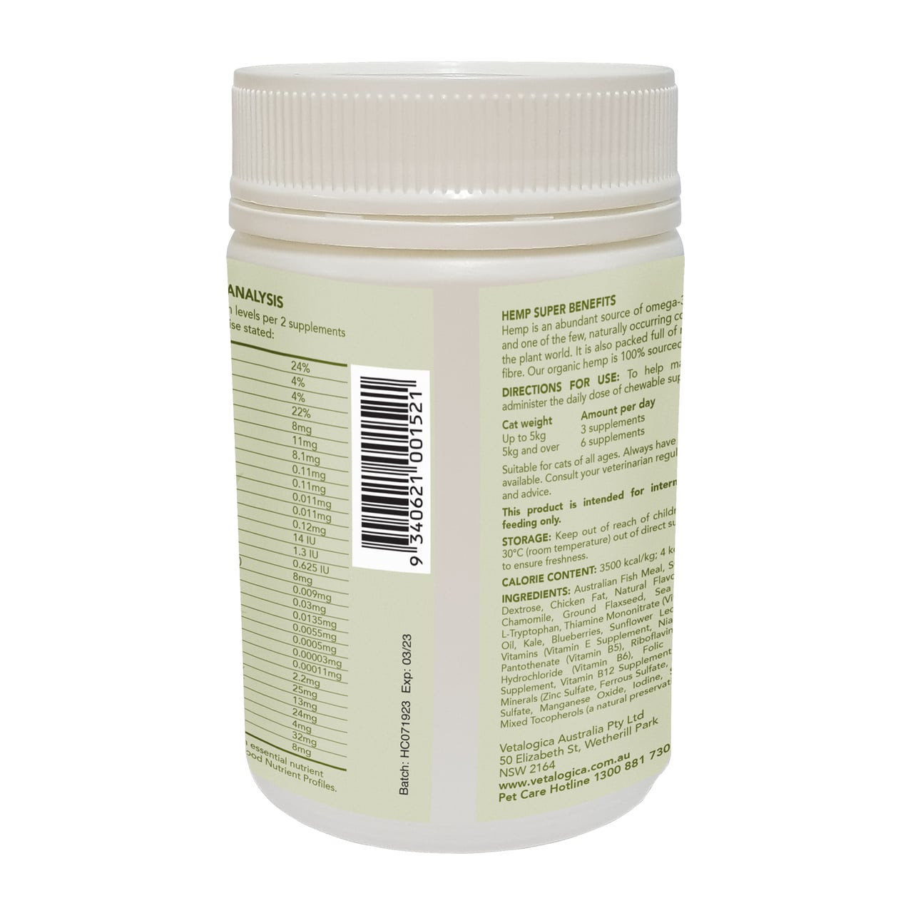 Hemp Clinicals Calming Plus Supplements for Cats 100g, featuring calming ingredients and dosage instructions.