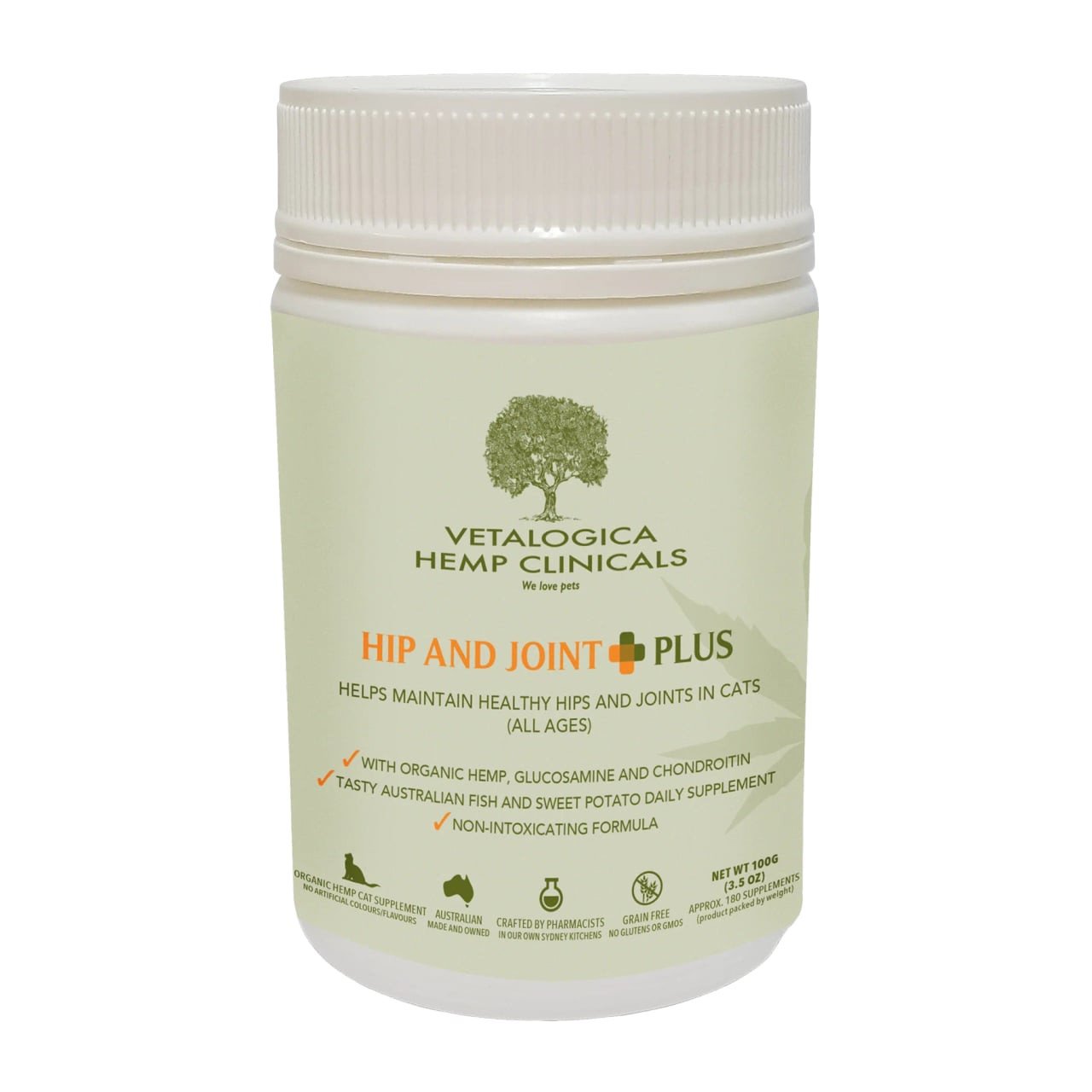 Hemp Clinicals Hip & Joint Plus supplement for cats, 100g, supports joint health with hemp and glucosamine.