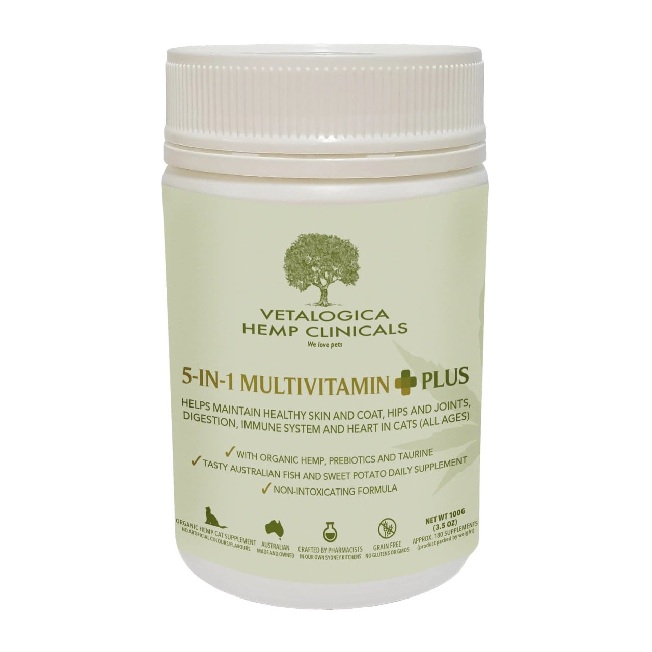 Hemp Clinicals 5-IN-1 Multivitamin Plus for cats in 100g jar, supports health and digestion.