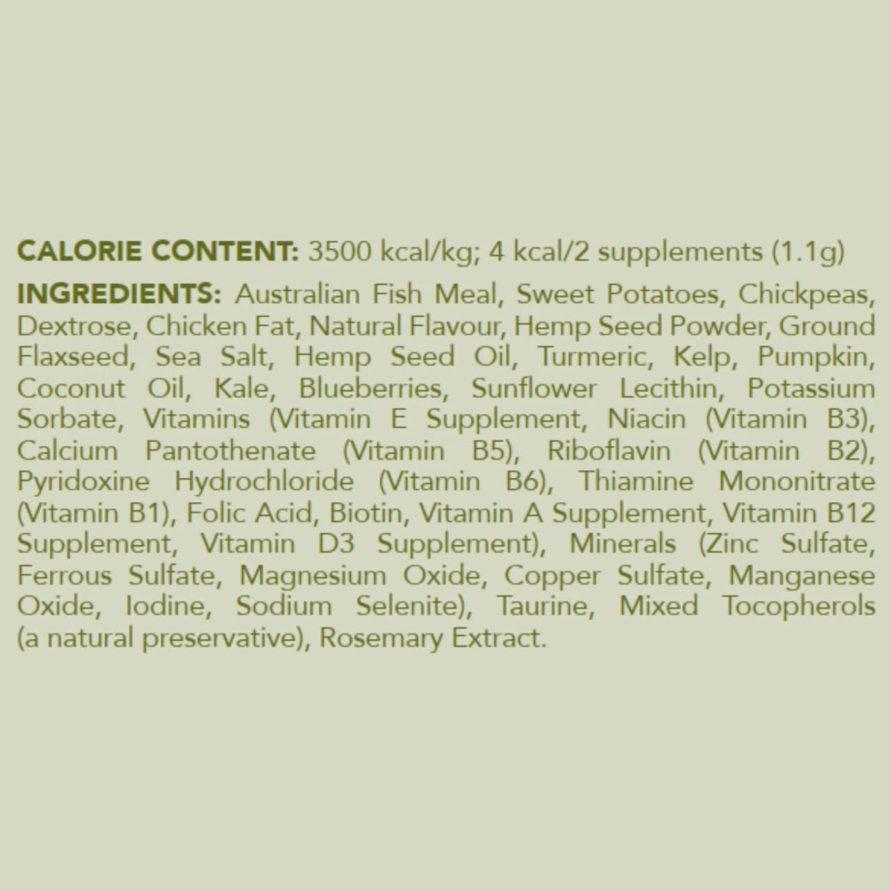 Hemp Clinicals 5-IN-1 Multivitamin Plus for Cats 100g, featuring nutrition details and key ingredients.