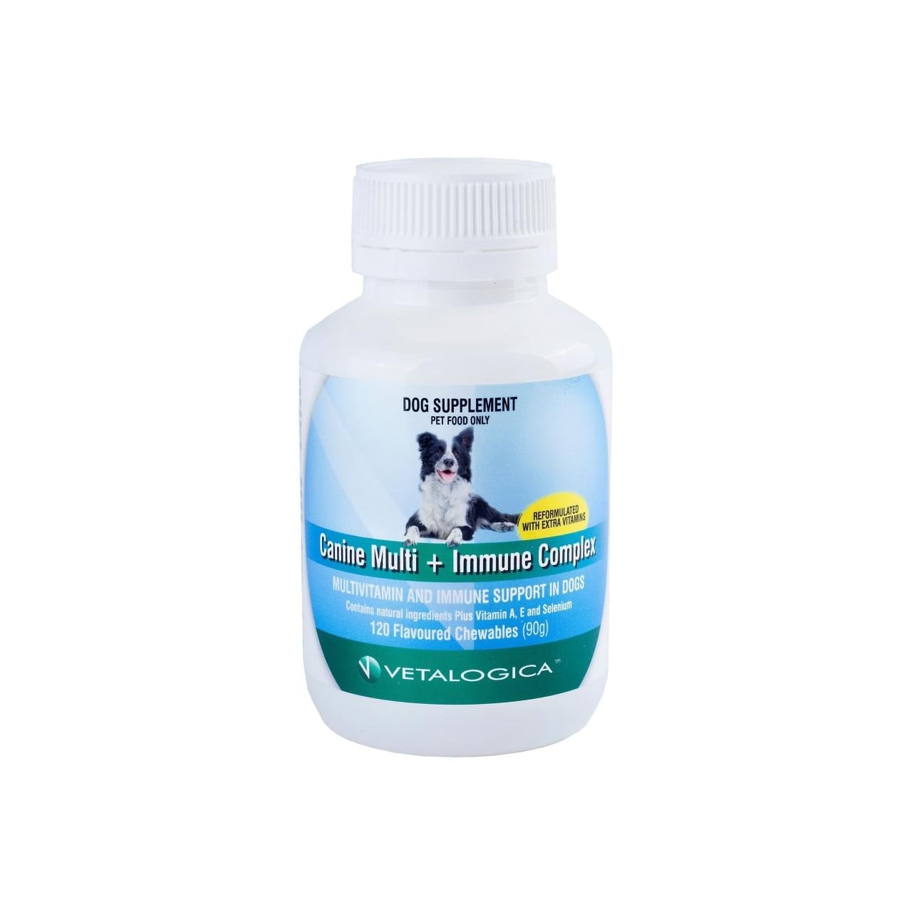 Vetalogica Canine Multi & Immune Complex bottle with 120 chews for dog health support.