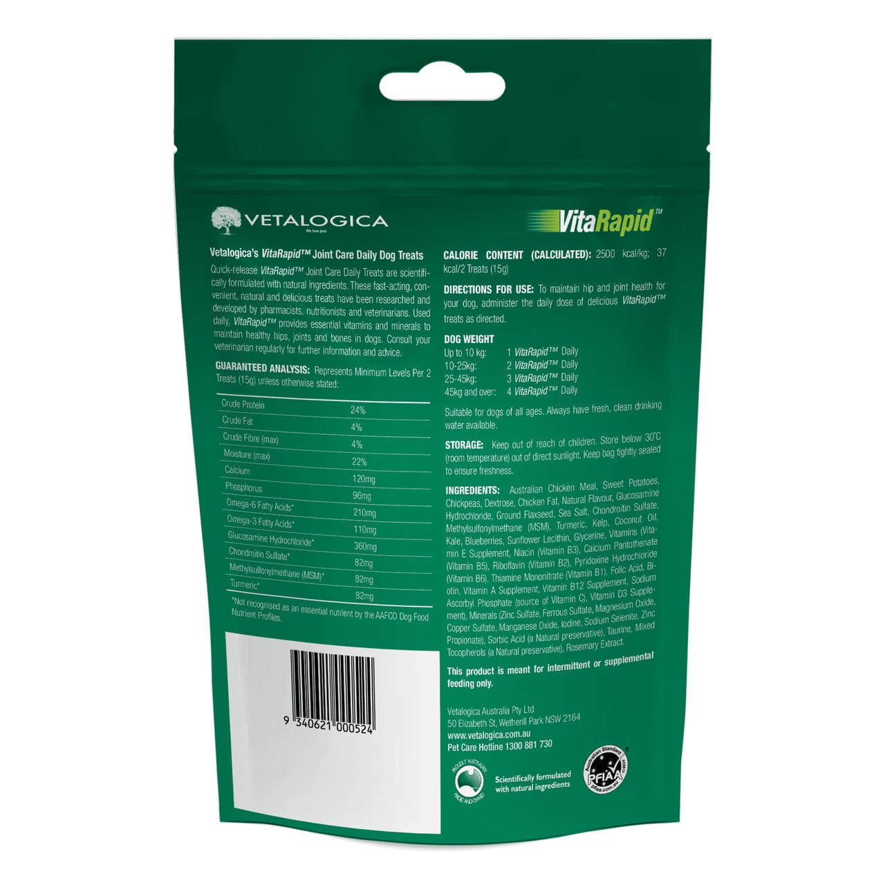 VitaRapid Joint Care Daily Treats for Dogs, 210g, green packaging, nutritional information visible.