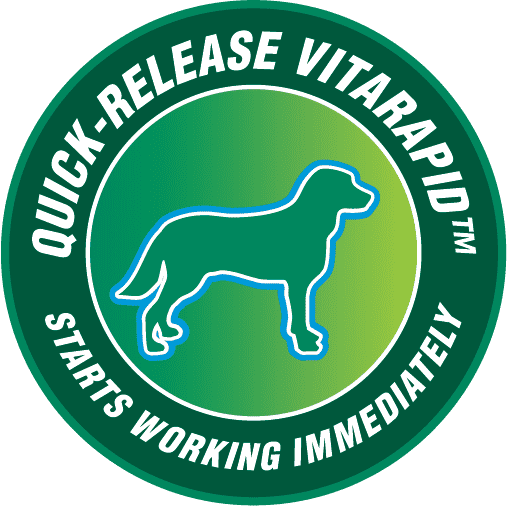 Quick-release VitaRapid logo for skin and coat daily treats for dogs, emphasizing immediate effects.