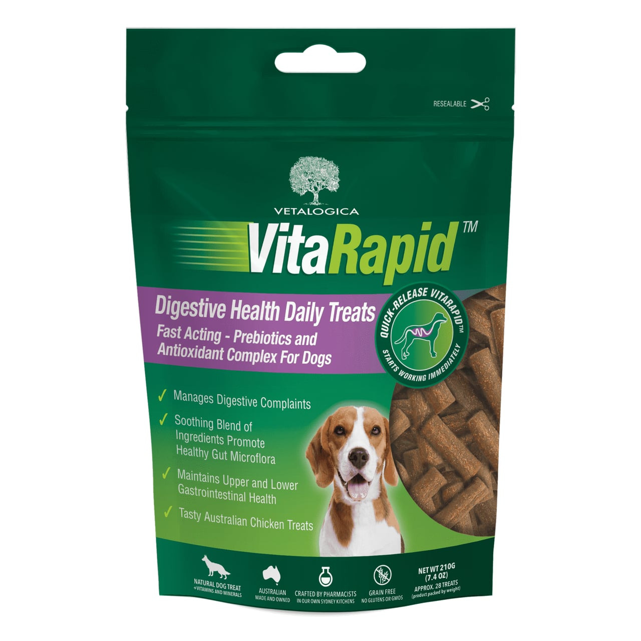 VitaRapid Digestive Health Daily Treats for Dogs, 210g pack with brown treats.