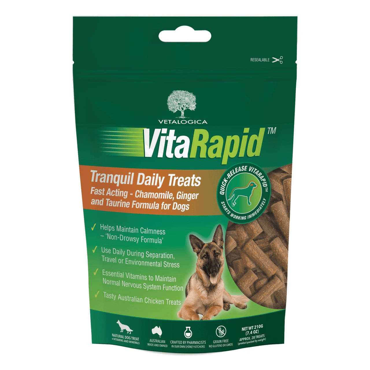 VitaRapid Tranquil Daily Treats for Dogs, 210g bag, featuring chamomile and ginger for calmness.