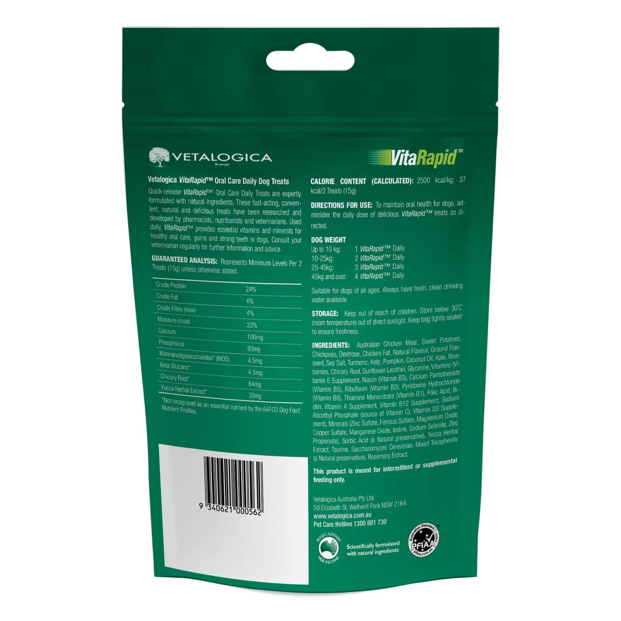 VitaRapid Oral Care Daily Treats for Dogs 210g packaging with nutrition details and green design.
