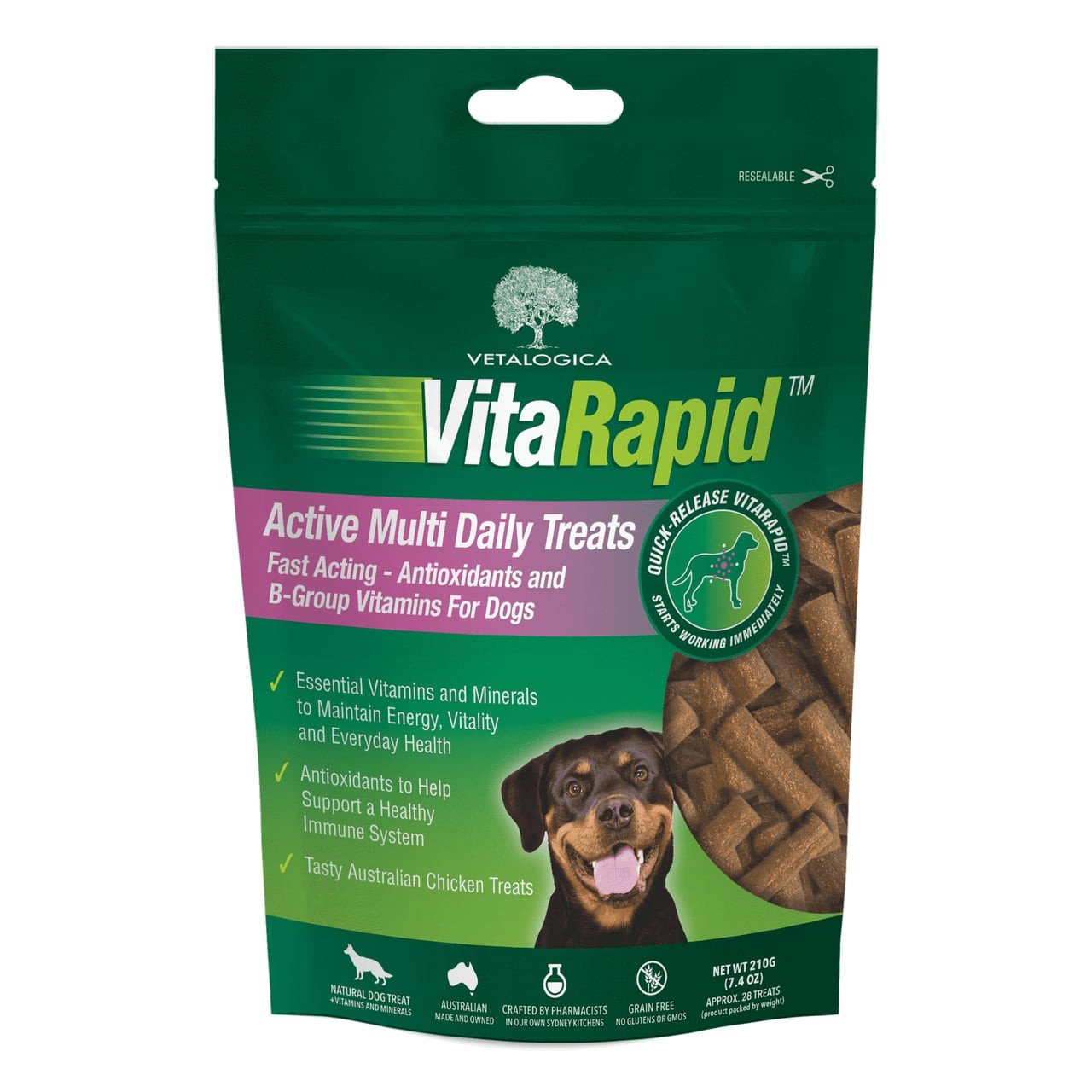 VitaRapid Active Multi Daily Treats for Dogs, 210g bag with chicken flavor, vitamins, and minerals.