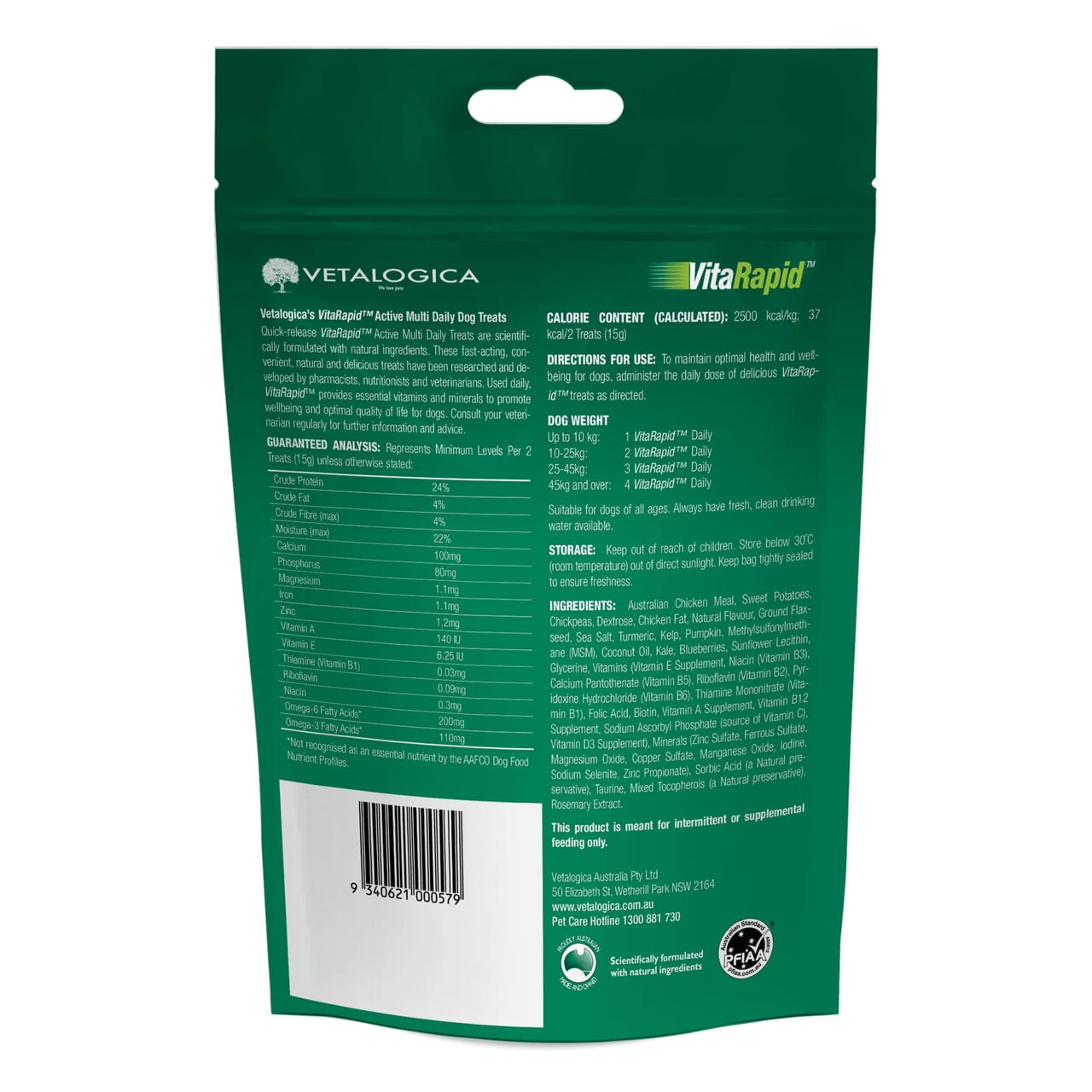 VitaRapid Active Multi Daily Treats for Dogs, 210g green packaging with nutritional information.