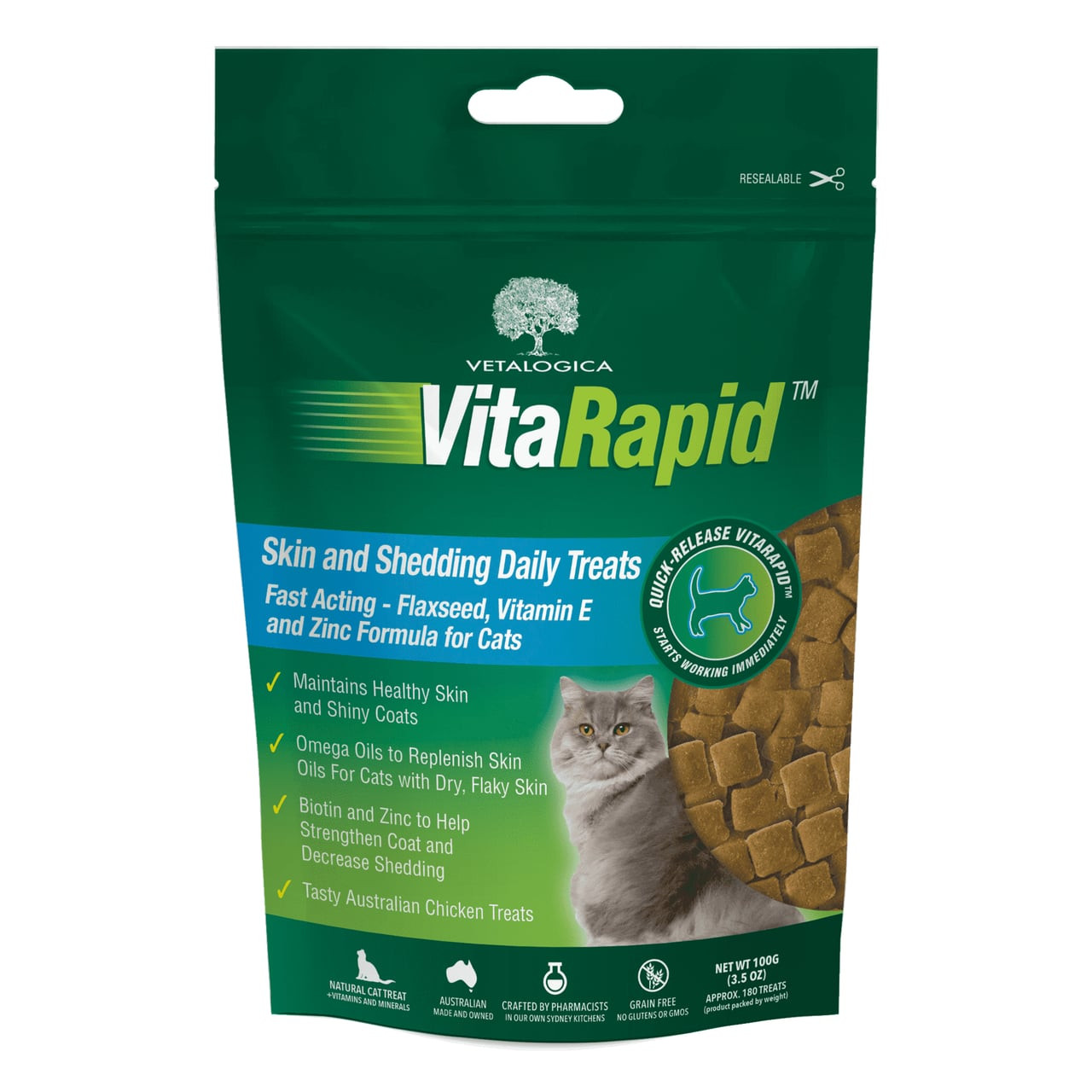 VitaRapid Skin & Shedding Daily Treats for Cats, 100g pouch with healthy ingredients.