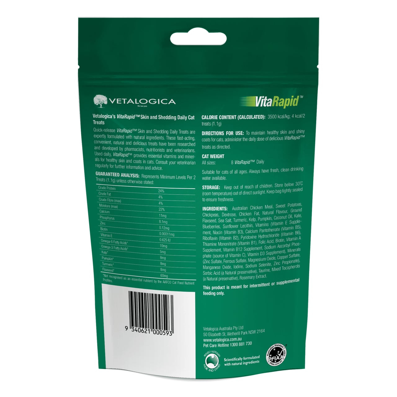 VitaRapid Skin & Shedding Daily Treats for Cats, 100g, green packaging with nutrition details.