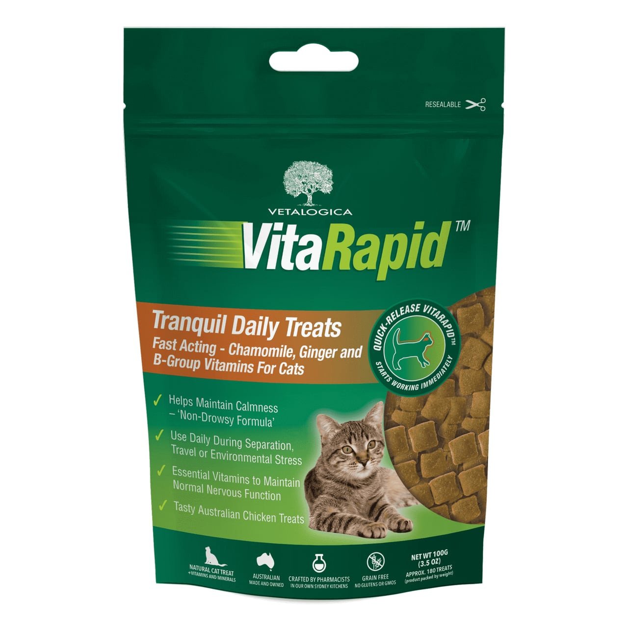VitaRapid Tranquil Daily Treats for Cats, 100g bag featuring calming ingredients like chamomile and ginger.