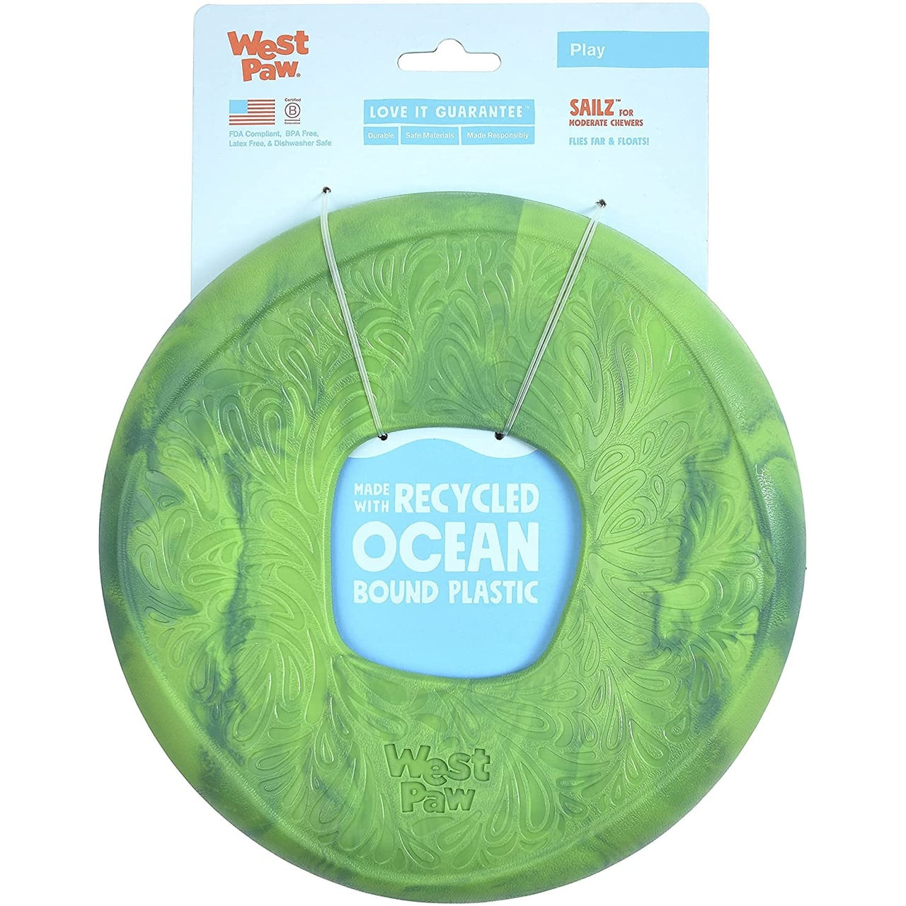 West Paw Seaflex Sailz dog toy in emerald green, made from recycled ocean plastic.