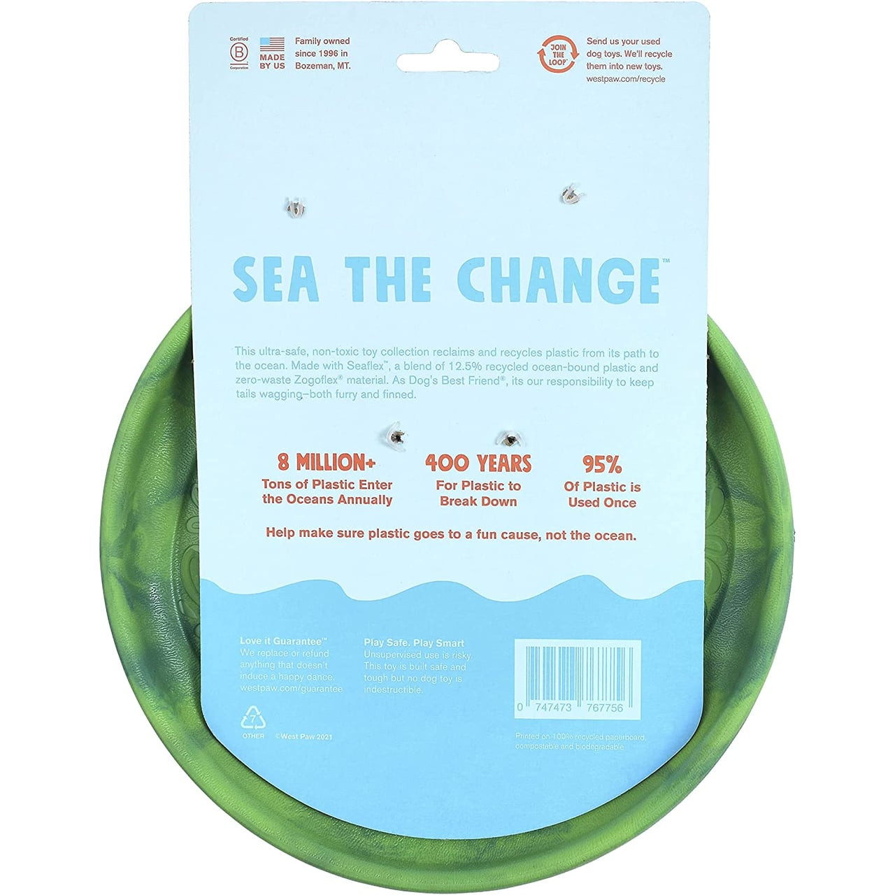 West Paw Seaflex Recycled Plastic Flyer Dog Toy in Emerald, eco-friendly and fun for pets.