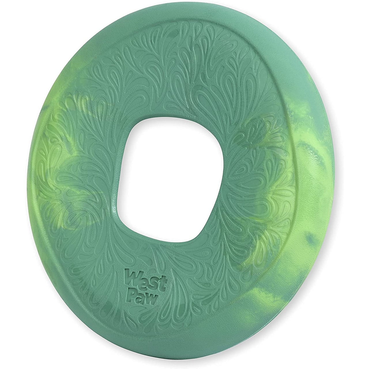 West Paw Seaflex recycled dog toy flyer in emerald green, featuring a unique floral design.