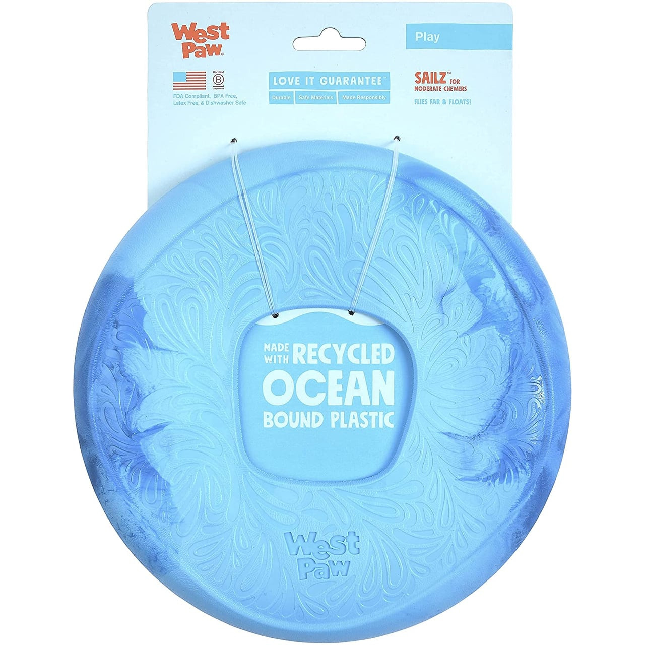 West Paw Seaflex Sailz dog toy in blue, made with recycled ocean-bound plastic, eco-friendly.