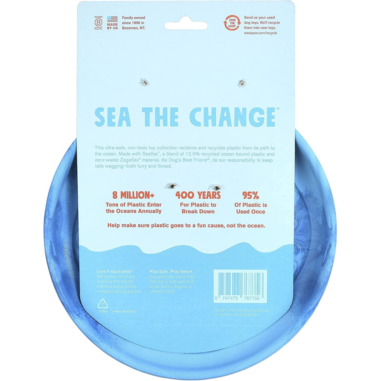 West Paw Seaflex recycled plastic flyer dog toy in blue, eco-friendly, and non-toxic design.