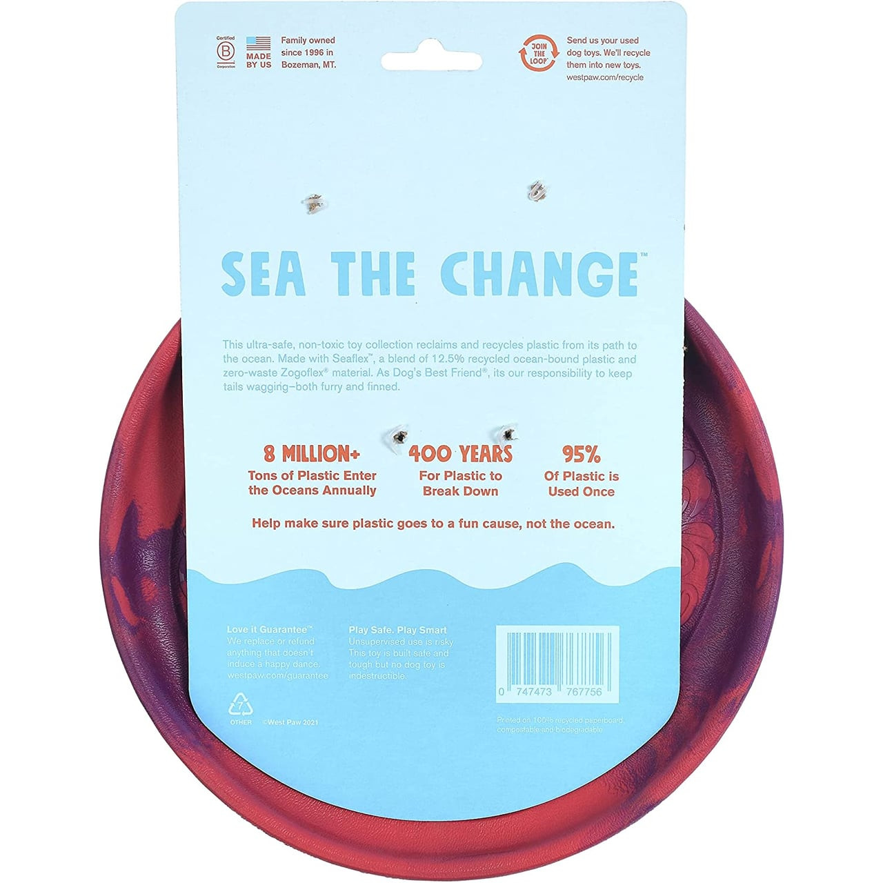 West Paw Seaflex Recycled Plastic Flyer Dog Toy in Hibiscus, eco-friendly pet toy for dogs.