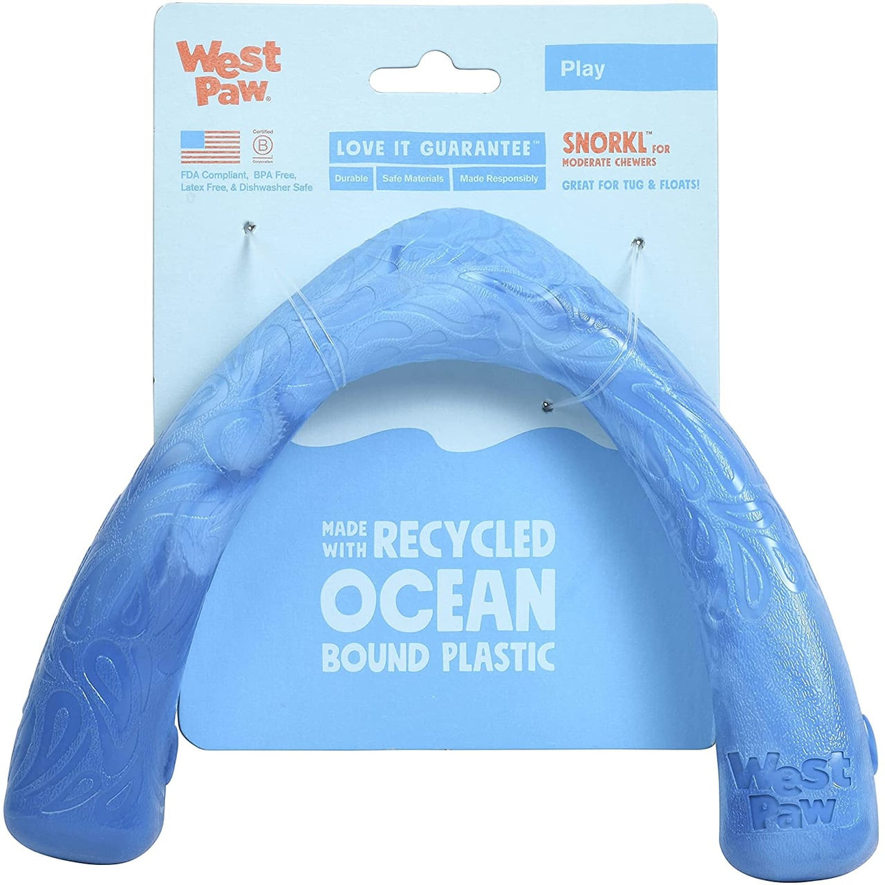 West Paw Seaflex Snorkl Surf tug dog toy made from recycled ocean-bound plastic, blue color.