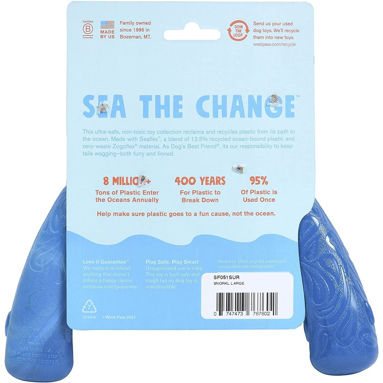 West Paw Seaflex Tug Dog Toy in blue, made from recycled materials, promotes pet health.