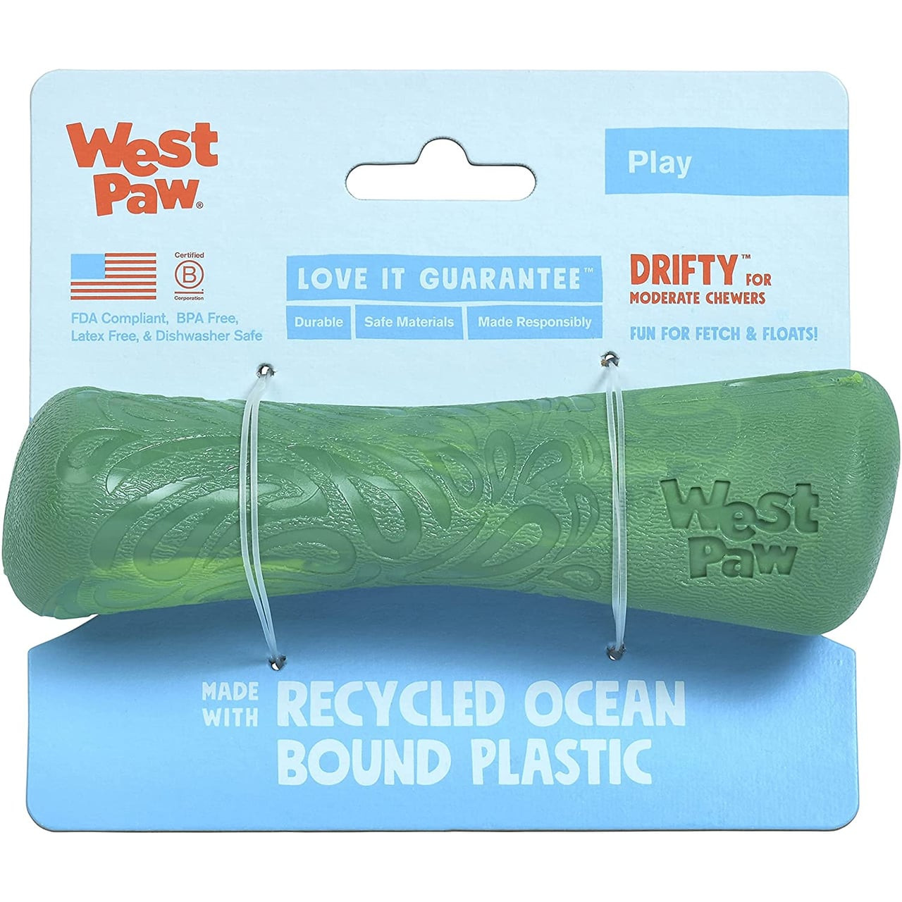 West Paw Seaflex Drifty Small fetch dog toy in emerald, made from recycled ocean plastic.