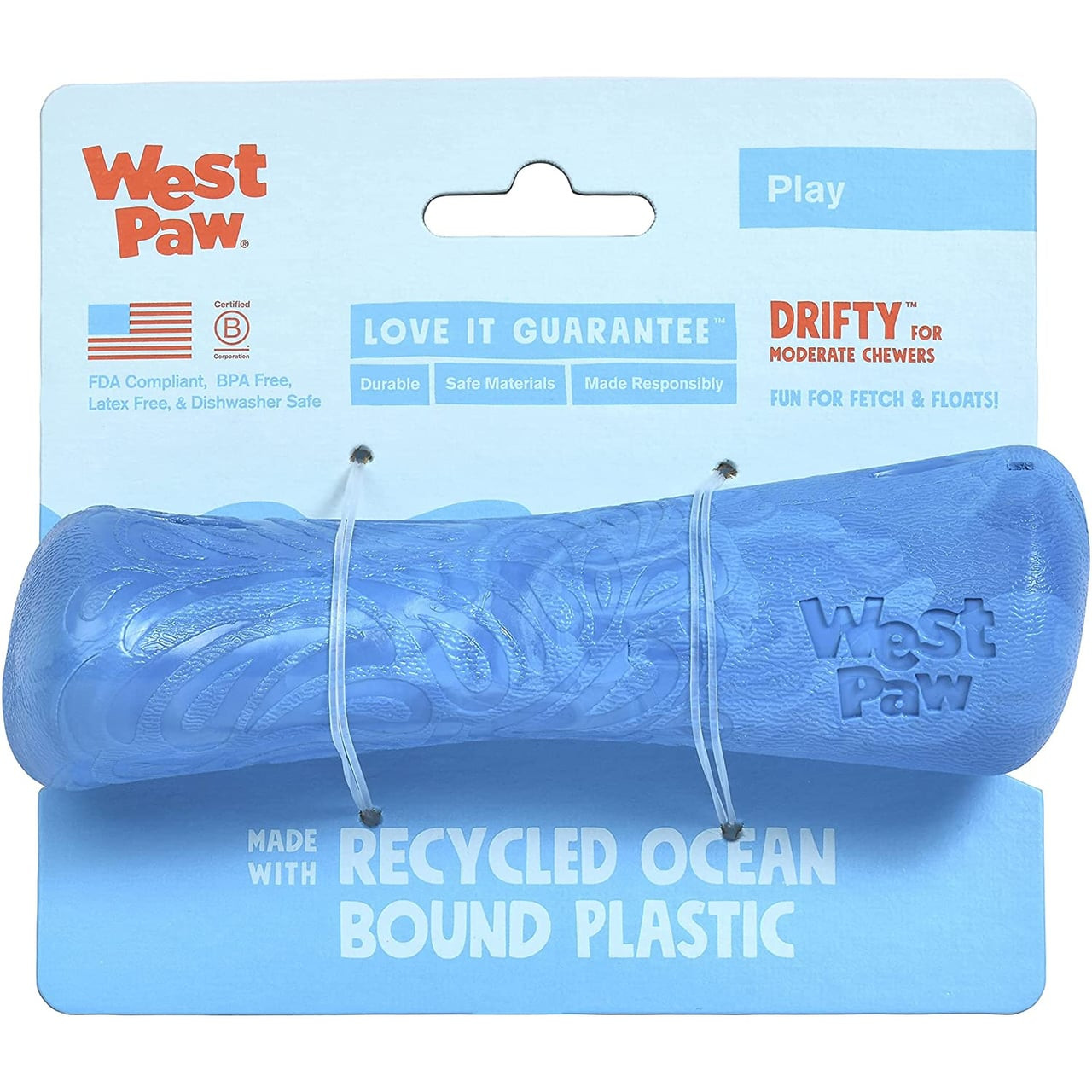 West Paw Seaflex Drifty Small fetch dog toy in blue, made from recycled ocean plastic.