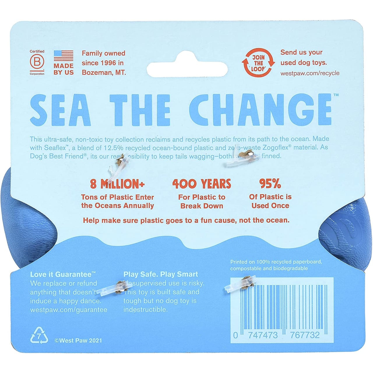 West Paw Seaflex Recycled Plastic Fetch Dog Toy, Small Drifty in Surf color, eco-friendly packaging.