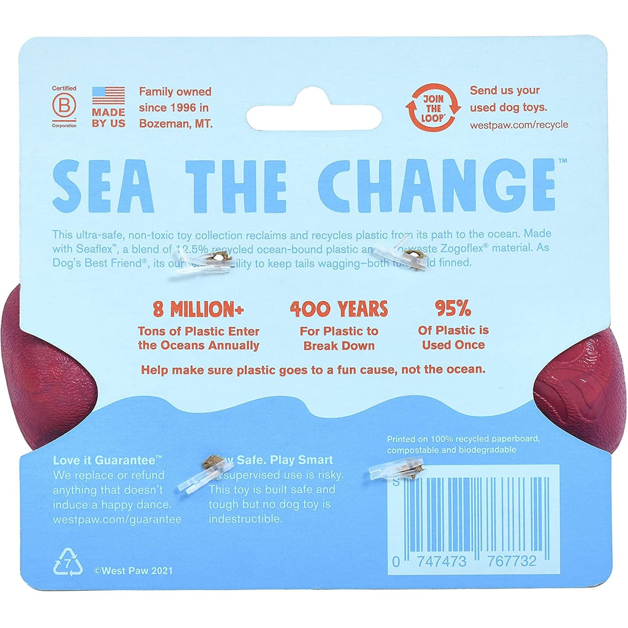 West Paw Seaflex Drifty Small Fetch Dog Toy in Hibiscus, made from recycled plastic.