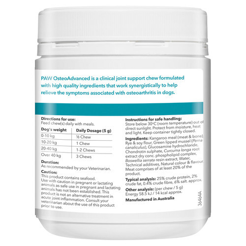 PAW OsteoAdvanced Clinical Joint Support for Dogs, 300g jar, for dog arthritis relief.