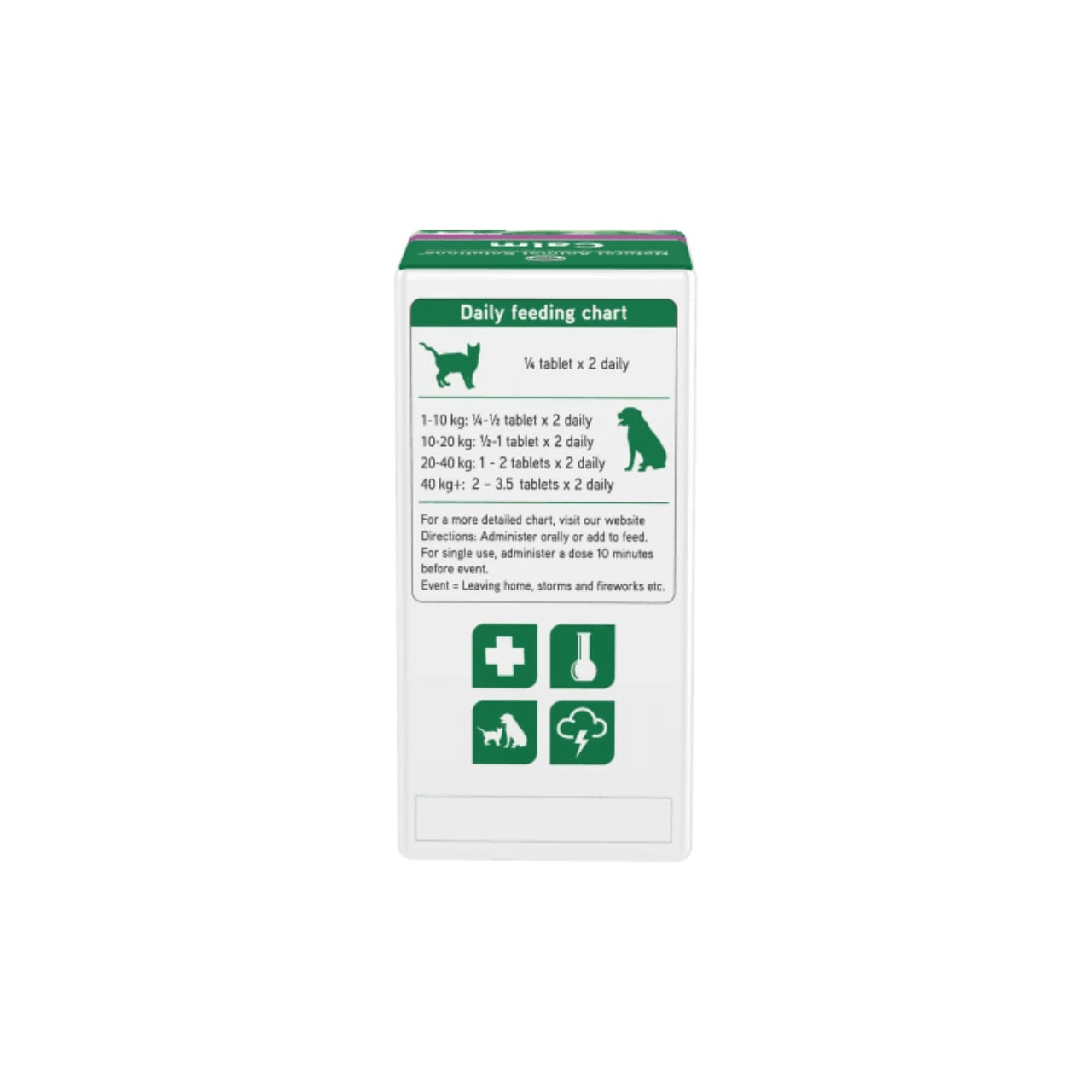 NAS Calm Tablets - 30 pack with daily feeding chart and usage instructions for pet health.