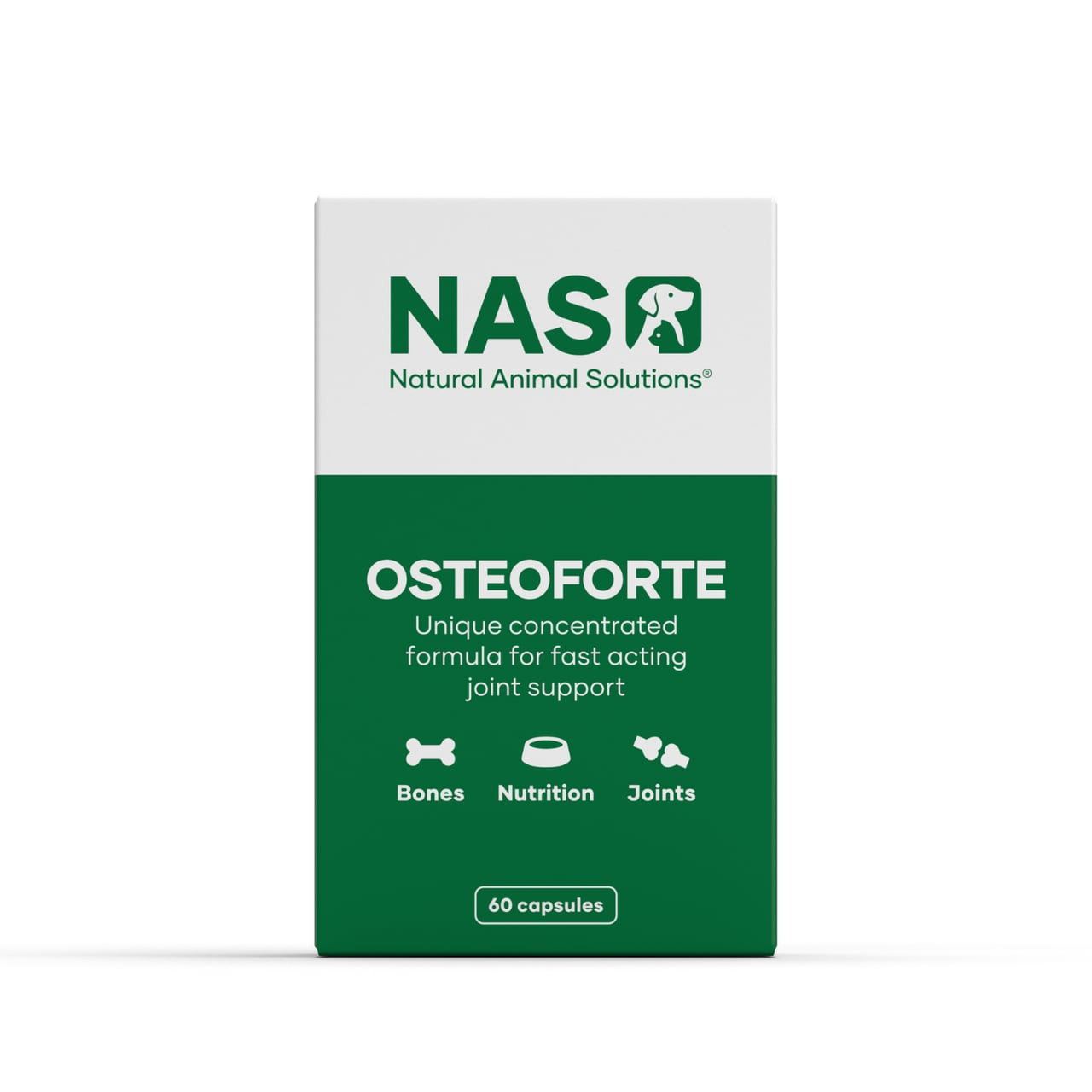 NAS Osteoforte Capsules for fast-acting joint support, 60 count, green and white packaging.
