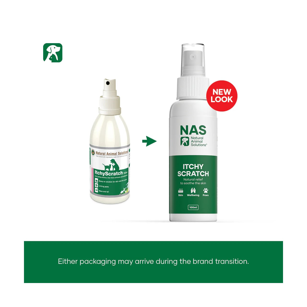 NAS Itchy Scratch 100mL spray for pet health, effective against itch and irritation.