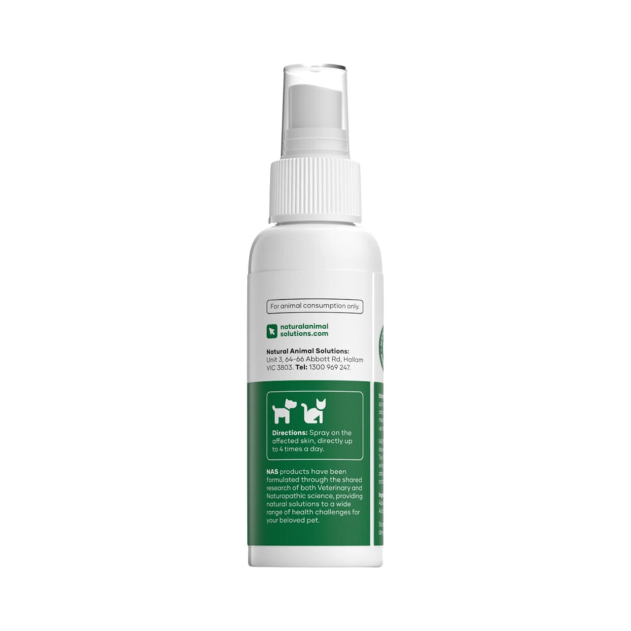 NAS Itchy Scratch 100mL spray for pet relief, soothes skin irritations in dogs and cats.