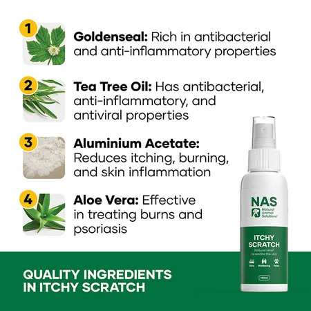NAS Itchy Scratch 100mL features natural ingredients like Goldenseal and Tea Tree Oil for pet itching relief.