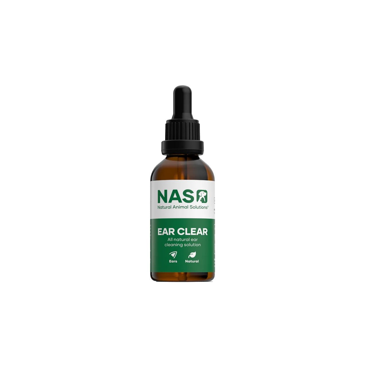 NAS Ear Clear 50mL, natural ear cleaning solution for pets, enhances pet health and hygiene.