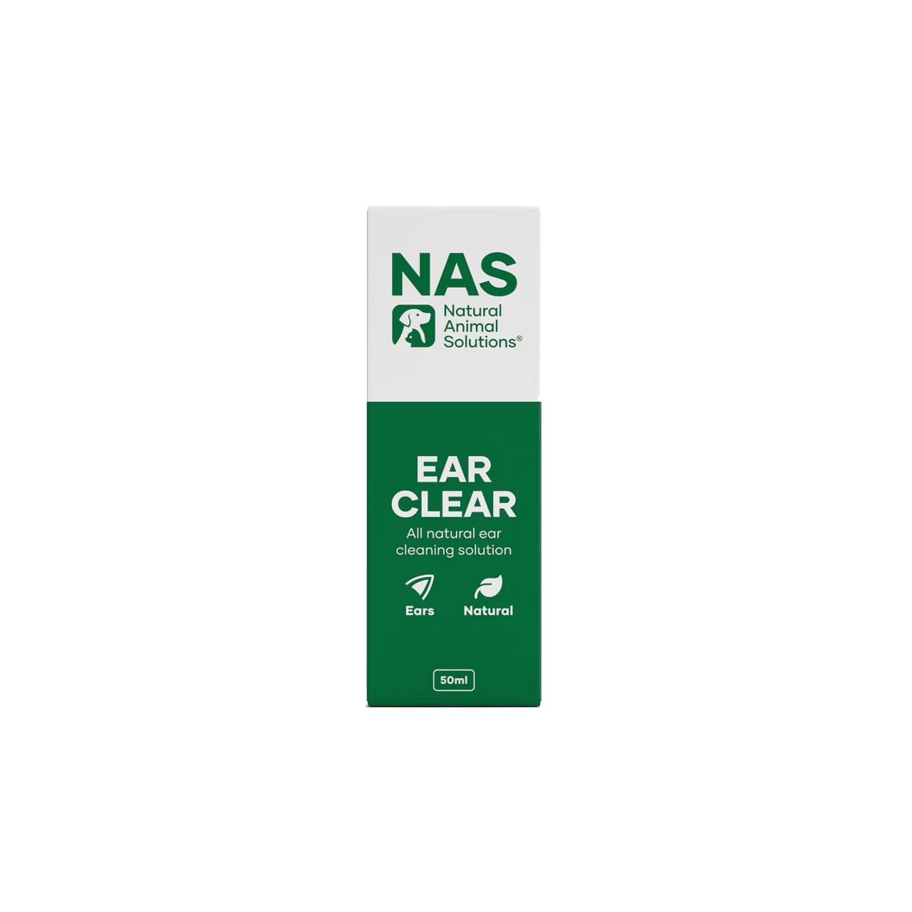 NAS Ear Clear 50mL natural ear cleaning solution for pets, featuring green and white packaging.