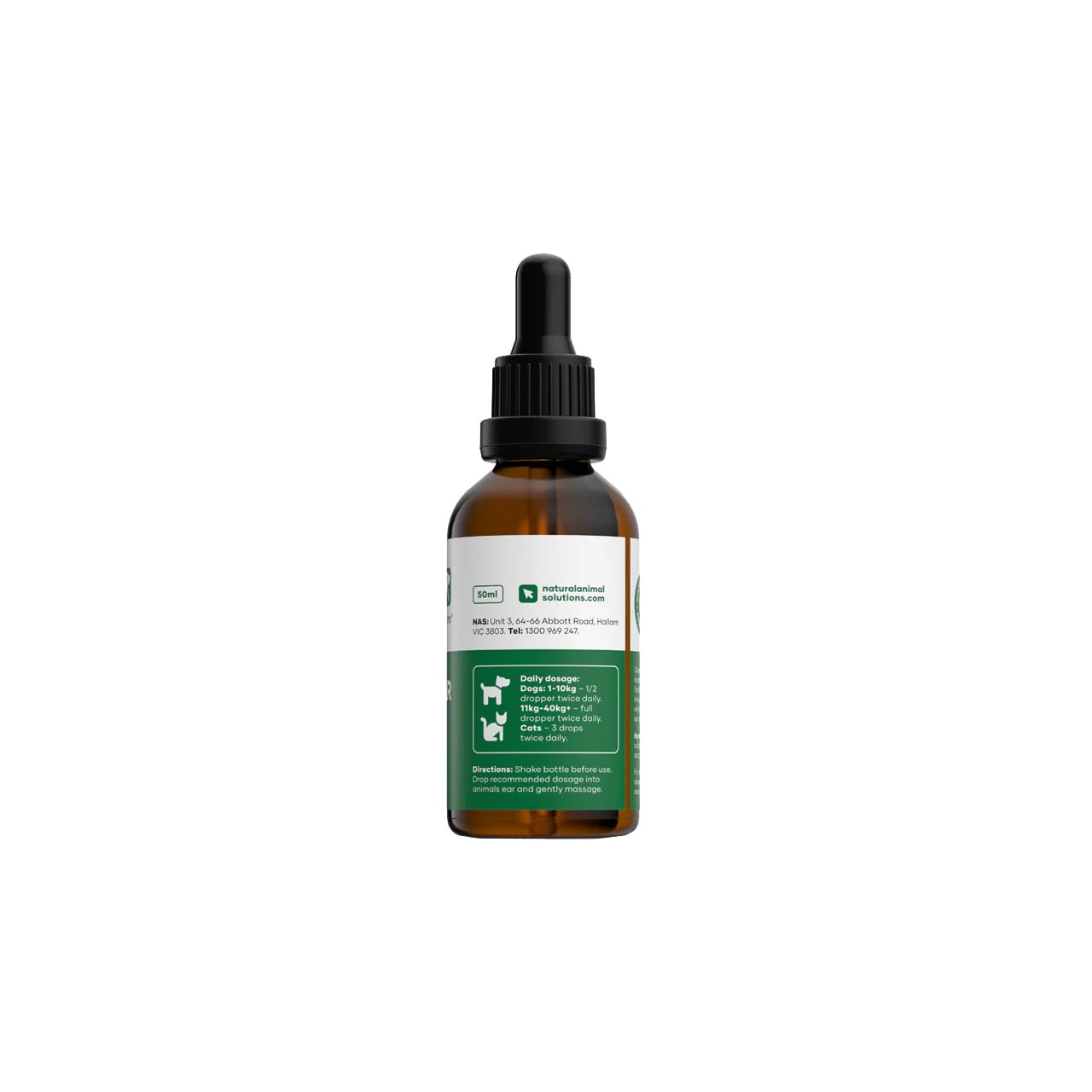 NAS Ear Clear 50mL bottle, designed for pet ear health, with dropper top for easy use.