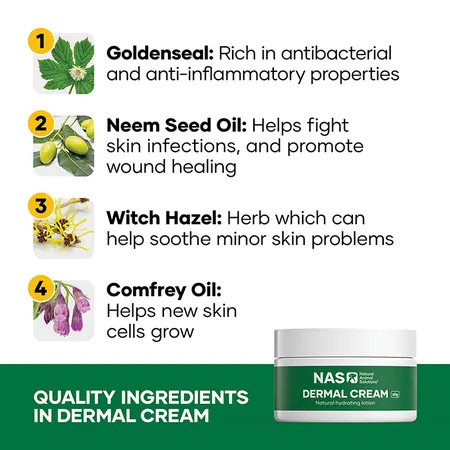 NAS Dermal Cream 60g with golden seal, neem seed oil, witch hazel, and comfrey oil.