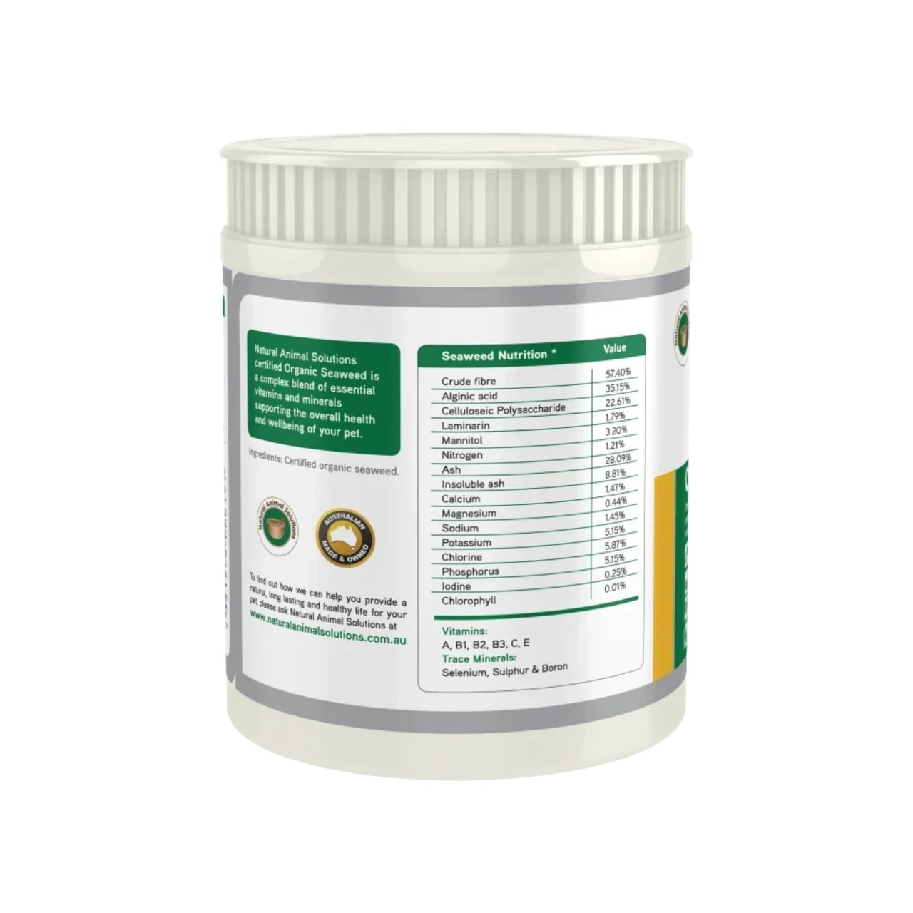 NAS Organic Seaweed 300g packet showing nutrient information for enhancing pet health.