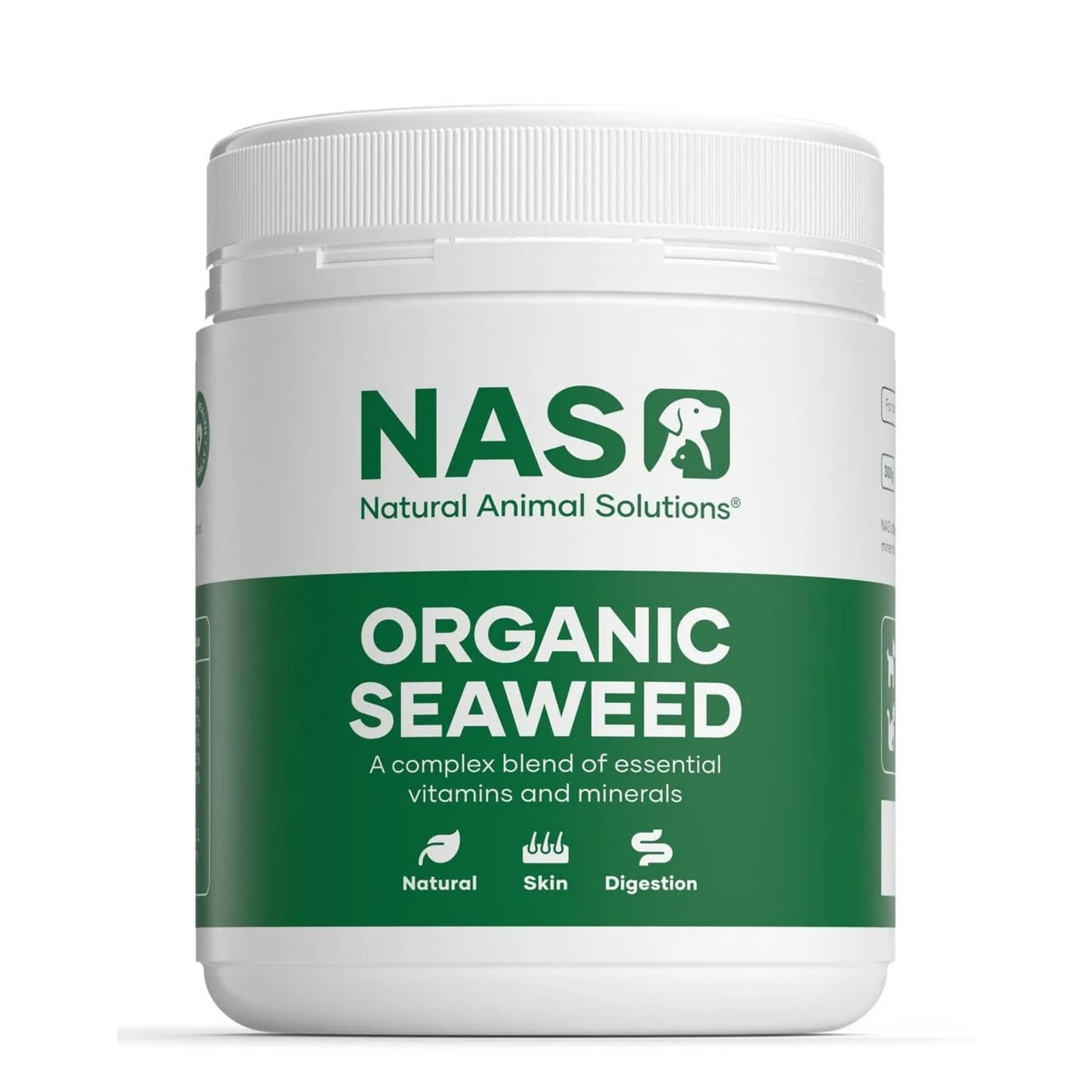 NAS Organic Seaweed 300g container, promoting natural pet health, skin wellness, and digestion support.