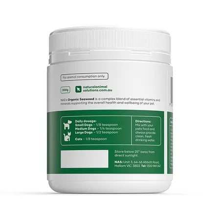 NAS Organic Seaweed 300g container with dosage instructions for dogs and cats.