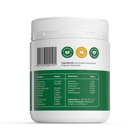 Organic Seaweed 300g container with nutritional information for pet health benefits.