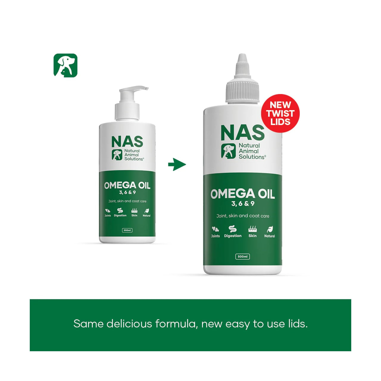 NAS Omega 3, 6 & 9 Oil 500ml bottle with new twist lid for pet health and coat care.